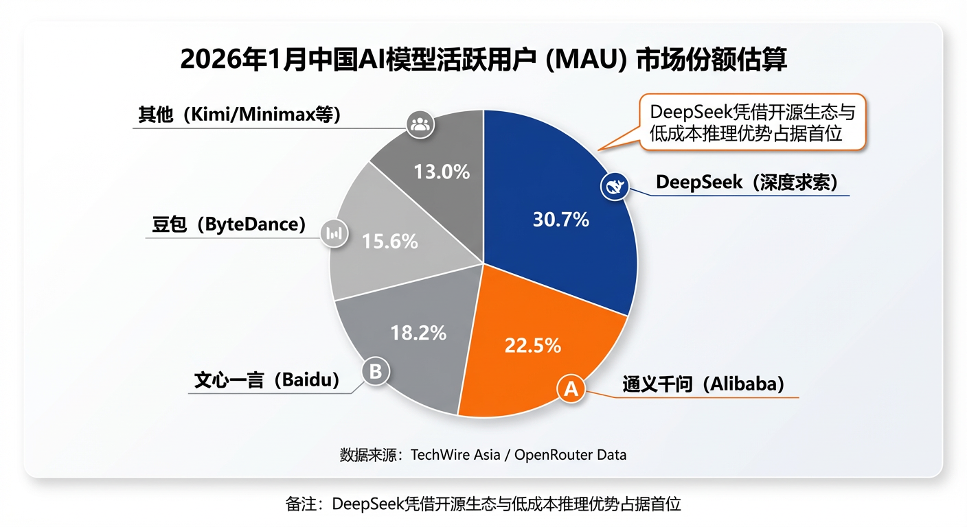 2026年1月中国AI模型活跃用户(MAU)市场份额估算