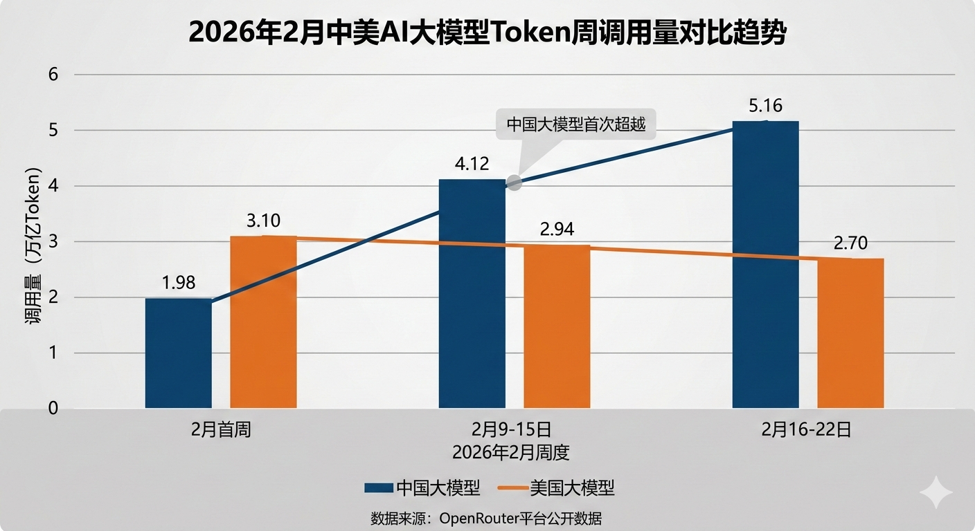 2026年2月中美AI大模型Token周调用量对比趋势