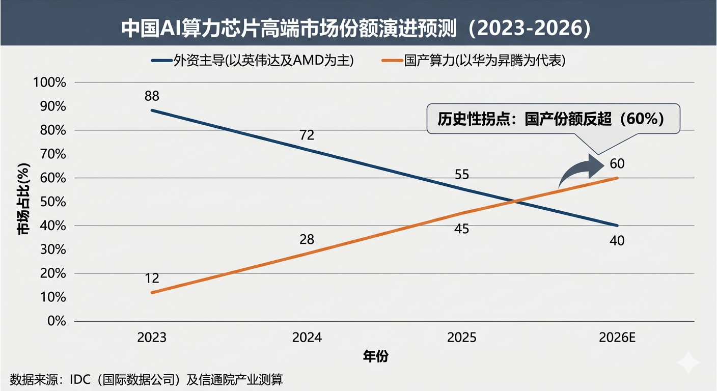 中国AI算力芯片高端市场份额演进预测（2023-2026）
